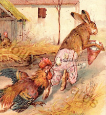 1907 Fantasy Easter Postcard Rooster Chases Dressed Rabbit Stealing Eggs picture