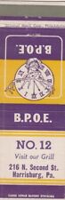 VINTAGE MATCHBOOK COVER. B. P. O. E. LODGE 12. HARRISBURG, PA. picture