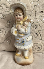 Antique 9.5” Fine German Bisque Figurine W Winter Girl And Doll Muff Christmas picture