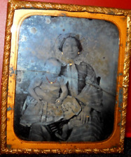 1/6th size cracked Ambrotype of mom and child in brass mat/frame picture