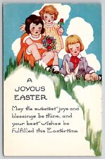 Easter Greetings Three Little Girls Grassy Hill Flowers Whitney Postcard L22 picture