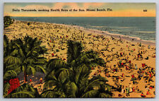 Vintage Postcard FL Miami Beach Sunbathers Shoreline Palm Trees Linen c1942 picture