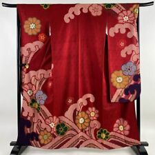 63.4inc Japanese Kimono SILK FURISODE Wave crest Plum Red picture