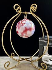 Hand-Blown Art Glass Ornament Witches Friendship Ball White Pink Swirl Orb 3” picture