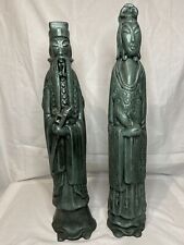 Pair Of Tall Vintage Asian Figurines Man And Woman Green Ceramic Statues 20” picture