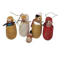 4 Vtg Spun Cotton Face Santa Snowman In Slipper Christmas Ornaments Japan picture