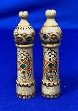 2 VTG Bulgaria Hand Painted Wooden Perfume Bottle or Needle Holders 49 picture