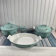Vintage Dru Holland Enamel Lot Of 3 Cast Iron Green Tulip Cookware picture