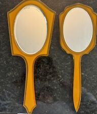 2 Pyralin VTG Hand Mirror Art Deco Amber Yellow Celluloid Beveled Glass c1930s picture