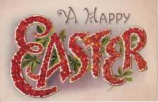 Vintage A Happy Easter Postcard 1914 Big Letters With Bright Red Flowers Inside picture
