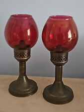 Antique Mason Spring Loaded Candel Brass Lamps  Cast Iron Cranberry Glass Shades picture