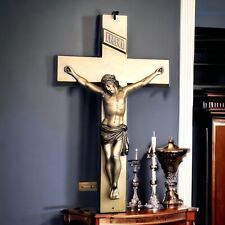 Crucifix Vintage HEAVY Cast Metal Bronze Jesus 13x8