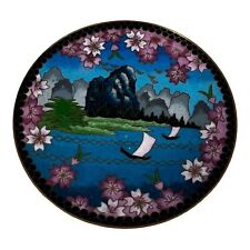 ANTIQUE Beautiful Chinese Cloisonne 3D Plate With Original Stand Boats Water  picture