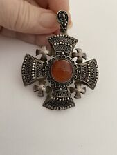 Vintage Large Sterling Silver Jerusalem Cross With Agate Stone Center picture