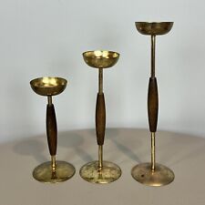 3 Mid Century Candle Holders Wood Brass with Patina Vintage MCM picture