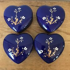 Set Lot 4 Vtg Asian Cobalt Blue Porcelain Cherry Blossom Heart Jewelry Boxes picture