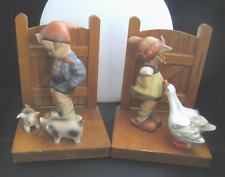 Goebel M.I. Hummel Goose Girl w Geese Farm Boy W/Pig Wood Fence Bookends Germany picture