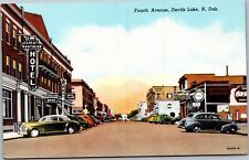 Postcard ND Devil's Lake - Fourth Avenue - Coke Pure Gas Western Union picture