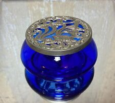 Vintage hand carted Cobalt Blue Glass Trinket with Metal Lid by Silvestri picture