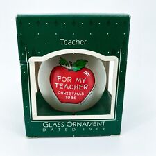 Vintage Hallmark Ornament for Teacher White Glass Ball with Apple Print 1986 NEW picture