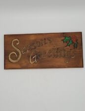 Vintage Handmade Seasons Greetings Wooden Christmas Sign Farmhouse Look 16 x 7 picture