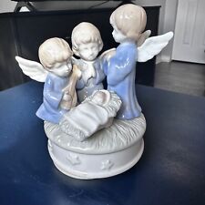 VTG Precious Moments Blue 3Angels Navity Scene Rotating Music Box Mother’s Day picture