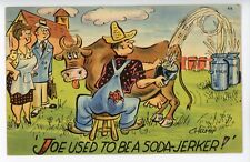 Postcard Comic Joe Used to Be a Soda-Jerker Milking Cow Linen Posted 1943 picture