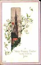 Very Happy Easter postcard ~ church steeple Iris? Flowers ~ embossed c1910 picture