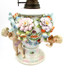 Antique Petite Porcelain Oil Lamp; Cherubs & Intricate Flowers + Brenner Burner picture