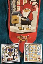 Lot Of 3 - 2 Vintage Swedish Ceramic Tiles 1 Elf Post Burlap Wall Hanging w/Bell picture