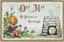 1909 Halloween Postcard JOL Man Scottish Custom Rolling Yarn Ball Into Fire picture
