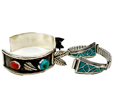 Vintage Native American Sterling Turquoise Inlay Watch Band  Lug 2pc lot SeePics picture