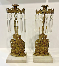 Pair of Antique Victorian Bronze Marble Crystal Girandole Candle Holders picture