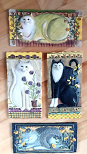 Set of 4 Vintage E. Smithson Cat Wall Plaques Folk Art Cats 3D - 8”x4