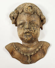 Antique Carved Wood Little Girl Wearing Cross Cherub Angel Face 6.5 inches tall picture