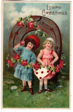 ANTIQUE EMBOSSED LOVING GREETINGS Postcard  TWO YOUNG GIRLS, HORSESHOE, ROSES picture