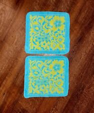 Pair Vtg PEQUOT Turquoise Chartreuse Sculpted Reversible Floral Washcloths USA picture