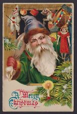 GEL Christmas Postcard Old World Santa Rare Blue Hat Green Suit Toys picture