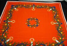 Vtg 50s Christmas Tablecloth Square Candles, Pine Bows,Hearts Linen 34x36 Kitsch picture