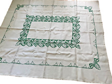 Vintage White w/Green Hand Embroidered Floral Rectangle Tablecloth and 8 Napkin picture