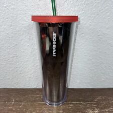 2014 Starbucks Diamond Mirror Tumbler 24oz w/ Red Lid & Green Straw EUC picture
