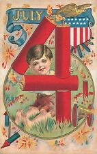 1913 Fourth Of July Boy Firecrackers Eagle Patriotic Embossed Antique Postcard picture