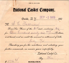 1909 NATIONAL CASKET COMPANY SETTLEMENT STATEMENT ONEIDA NY BL245 picture