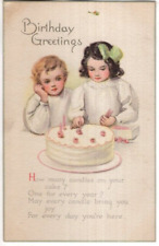 ANTIQUE BIRTHDAY Postcard      CHILDREN, PUTTING CANDLES ON BIRTHDAY CAKE picture