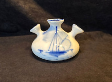 Vintage Blue & White Delft Style Porcelain Triple Tulipiere Vase Sailing Ship picture