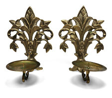 Vintage Pair Solid Brass Leaf Wall Sconces Candle Holders 8.5” Tall picture