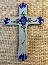 Vtg Tonala Glazed Stoneware Pottery Cross, Mexican Folk Art, Blue Flower picture