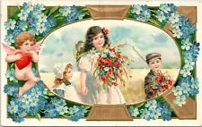 C.1910s Valentines Day Cupid Cherub Adorable Children Forget Me Not Postcard 79 picture