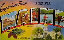 Greetings From Augusta Maine Large Big Letter Postcard Linen Lighthouse Unused picture