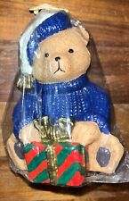 NEW RARE Vintage Christmas Teddy Bear Candle Blue Knitted Sweater 5” Tall picture